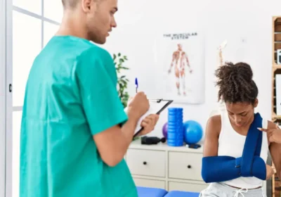 Healthcare provider evaluating teen athlete with arm in sling during sports physical exam appointment.